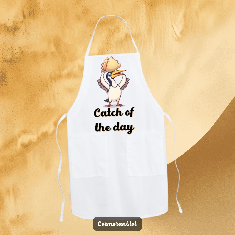 Funny cormorant apron, proud bird holding a shiny, colorful shell, ideal for cooking, baking, and kitchen pride humor.