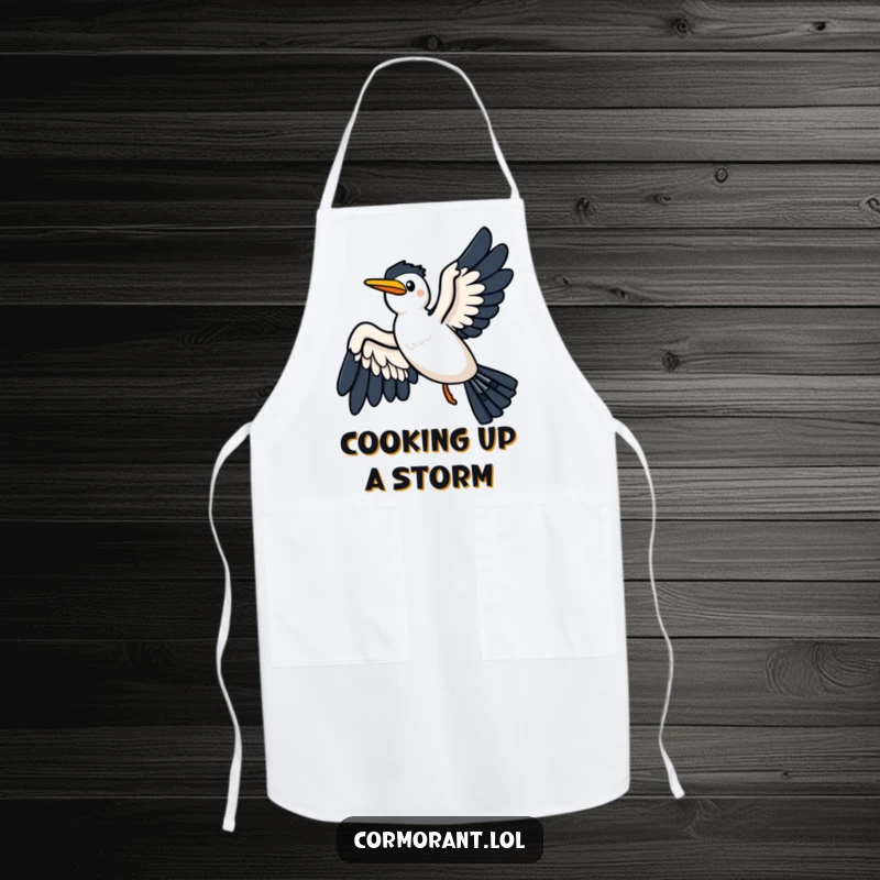 Funny apron showing a kawaii cormorant gliding joyfully on a breeze, wings spread wide, for a touch of airy charm.