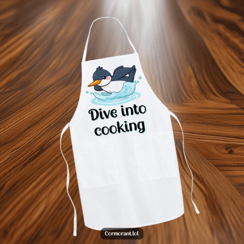 Funny kawaii cormorant apron with a cheerful bird diving headfirst into water with a splash, ideal for kitchen use.