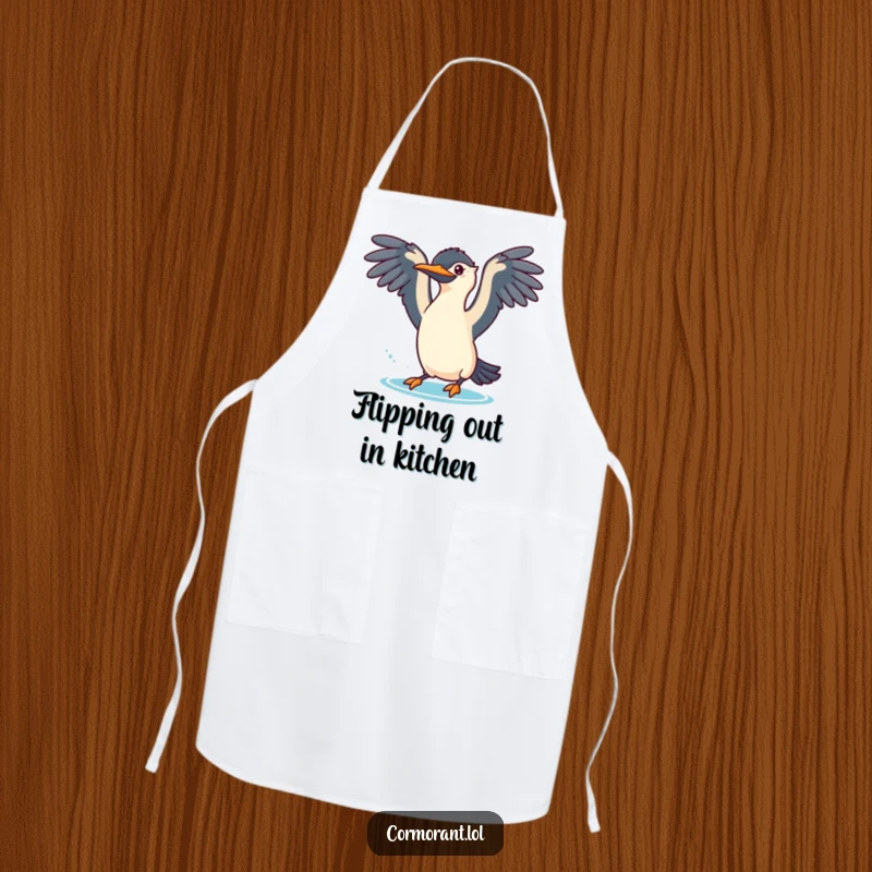 Funny cormorant apron depicting a bird with wings spread, about to dive playfully, ideal for kitchen fun.