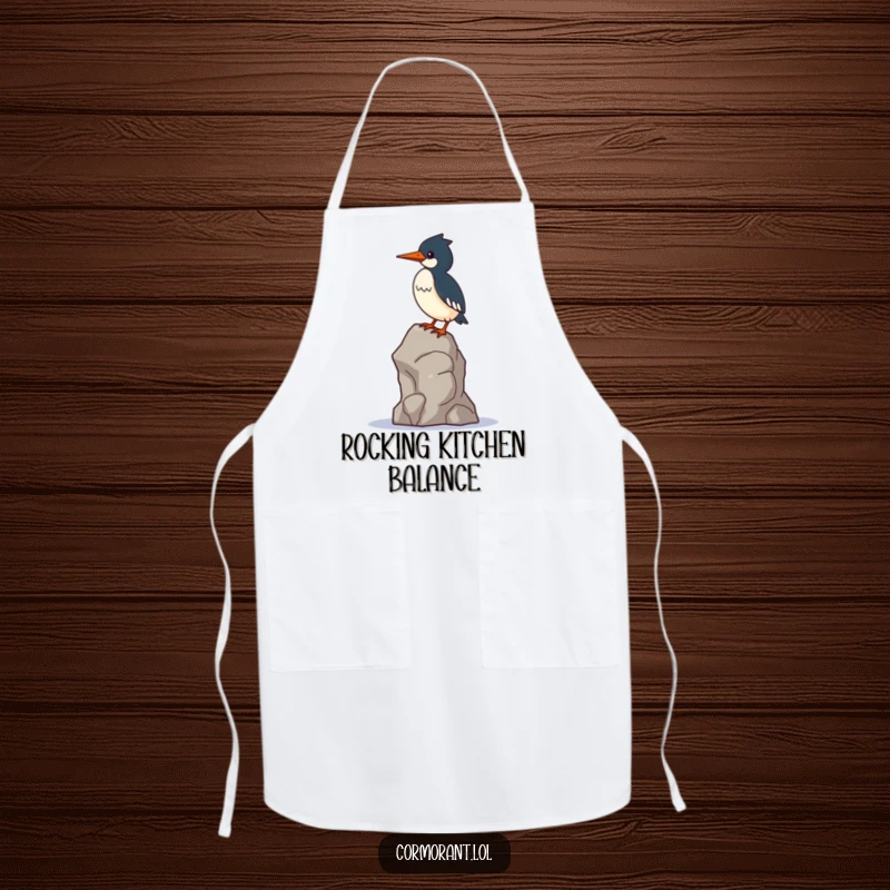 Funny Cormorant Apron: A kawaii cormorant balances precariously on a single wobbly rock, ready for kitchen adventures.