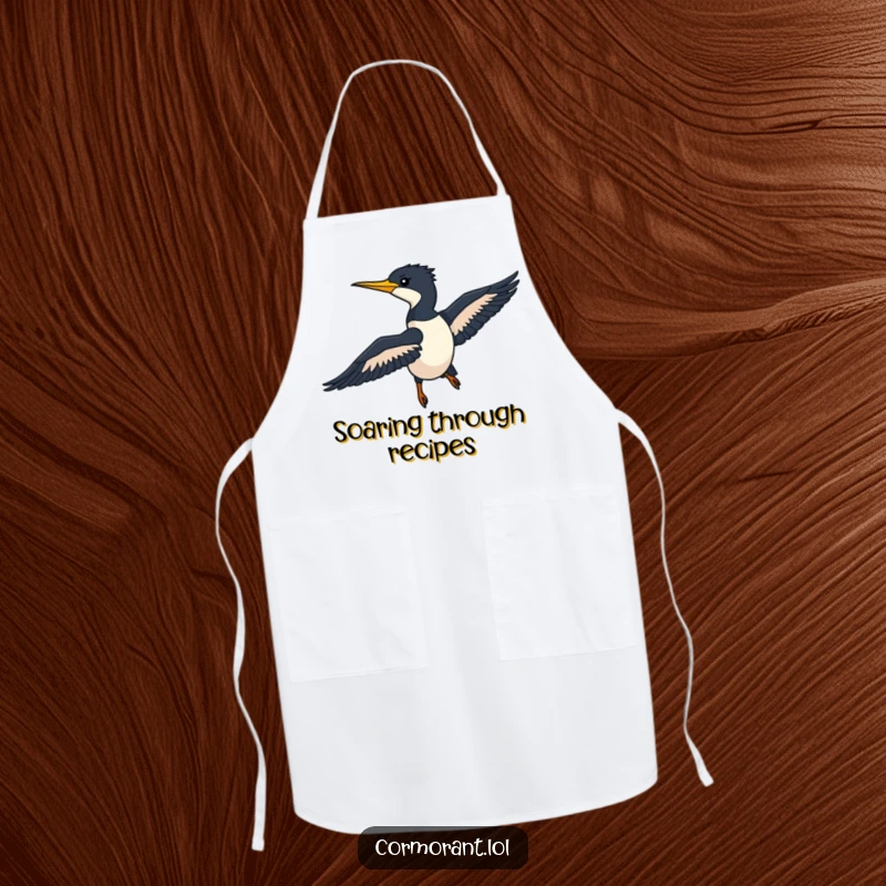 Funny Cormorant Apron featuring a sleek silhouette gliding through the air, perfect for a chef who loves birds.