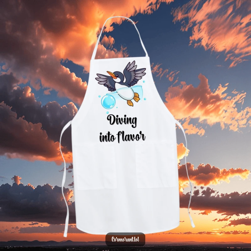 Funny cormorant apron with a cormorant spreading its wings to dive playfully into a sparkling blue bubble, adding humorous aquatic flair to kitchen wear.