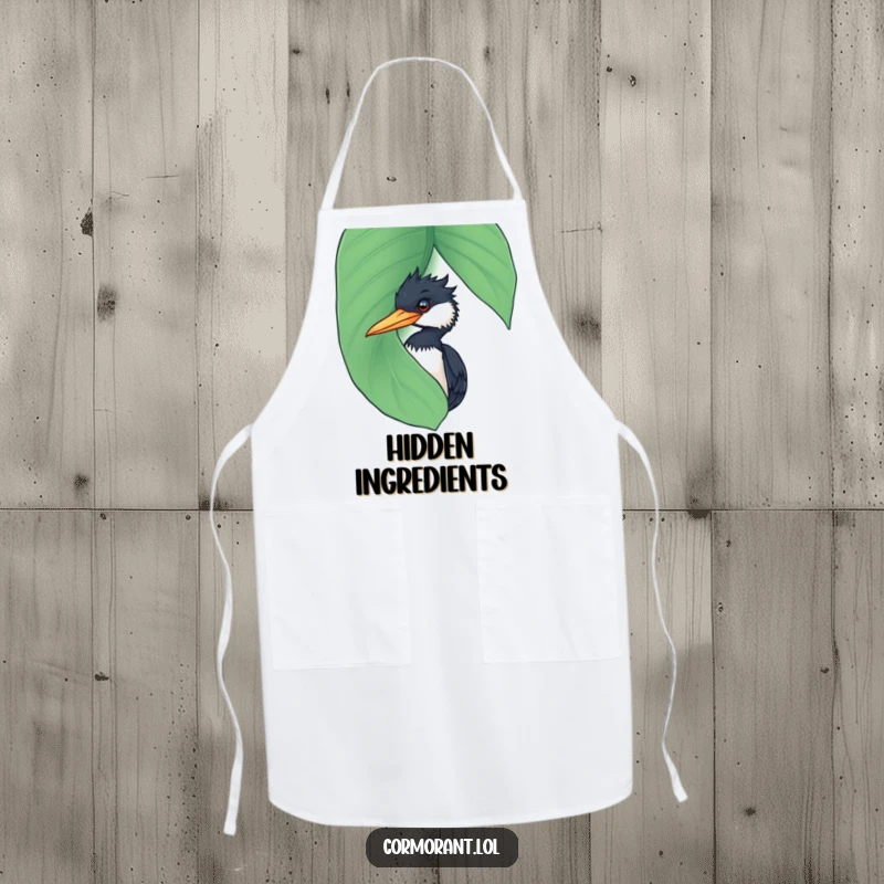 Funny Cormorant Apron: A humorous kitchen apron adorned with a cormorant peeking mischievously from behind a large, wet leaf.