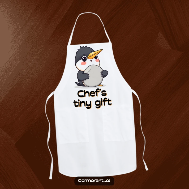 Funny Cormorant Apron: A humorous kitchen apron depicting a smiling cormorant offering a smooth grey pebble, a sweet gesture.