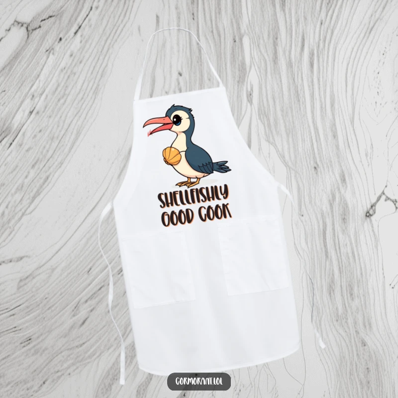 Funny Cormorant Apron: A curious cormorant bird inspects a seashell, perfect for chefs who appreciate humor in the kitchen.