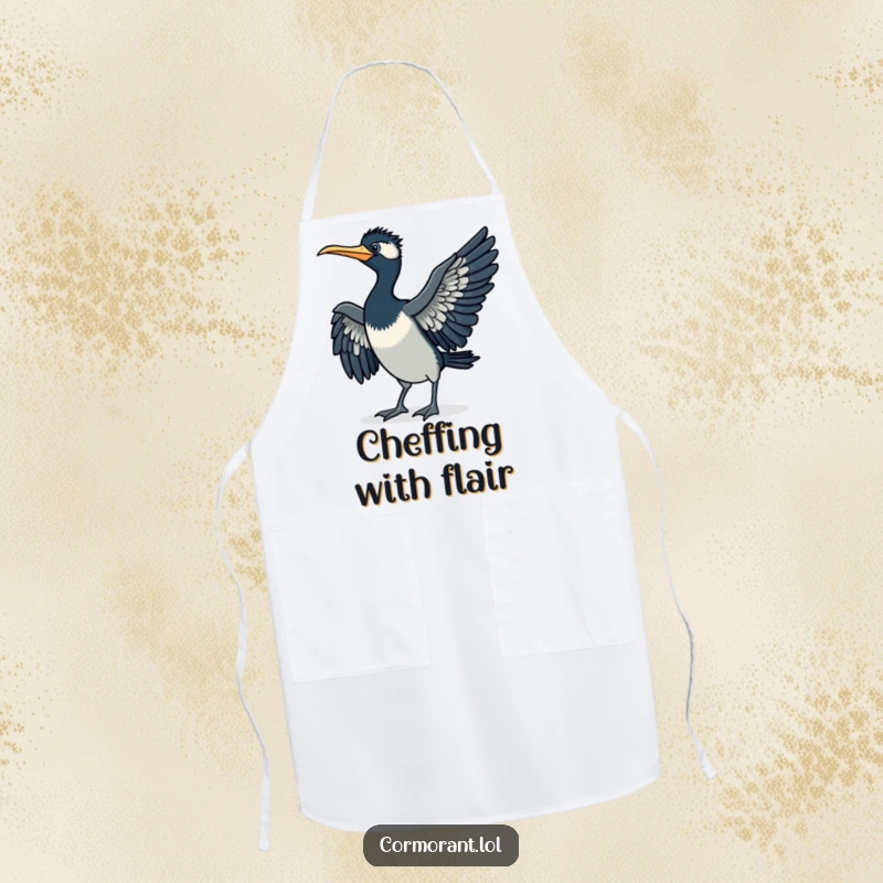 Funny cormorant apron, doing a little strut, wings spread, kitchen humor, practical and charming, a delightful funny gift.
