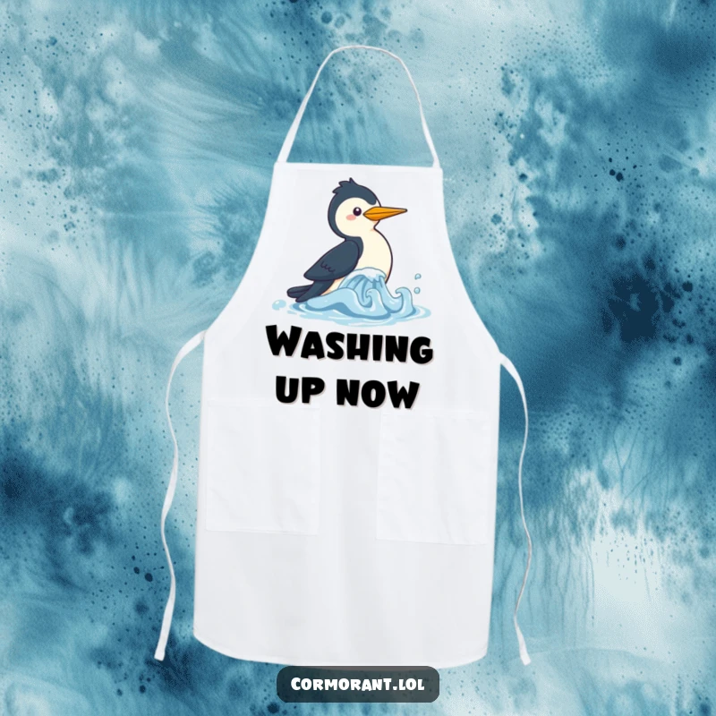 Funny Cormorant Apron featuring a cute kawaii bird playfully chasing a small wave, perfect for kitchen fun and splashes of humor.