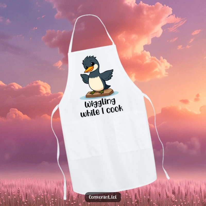 Funny apron showing a kawaii cormorant doing a silly wiggle on a dock, looking pleased, perfect for kitchen cheer.