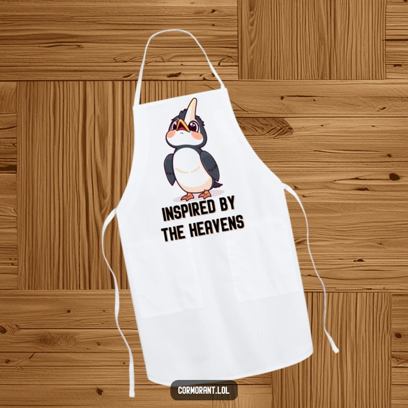 Funny apron showing a kawaii cormorant looking up at the sky with wide, curious eyes and a happy tilt, for kitchen whimsy.