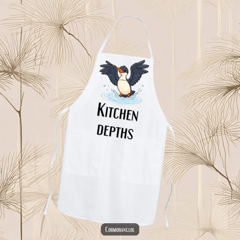Funny cormorant apron with a bird diving into water, ideal for kitchen use and outdoor enthusiasts.