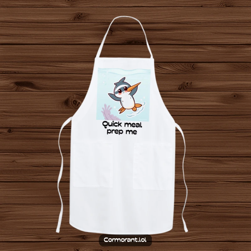 Funny Kawaii Cormorant Apron: A cute bird character energetically zipping through an underwater setting, adding playful charm to kitchen activities.