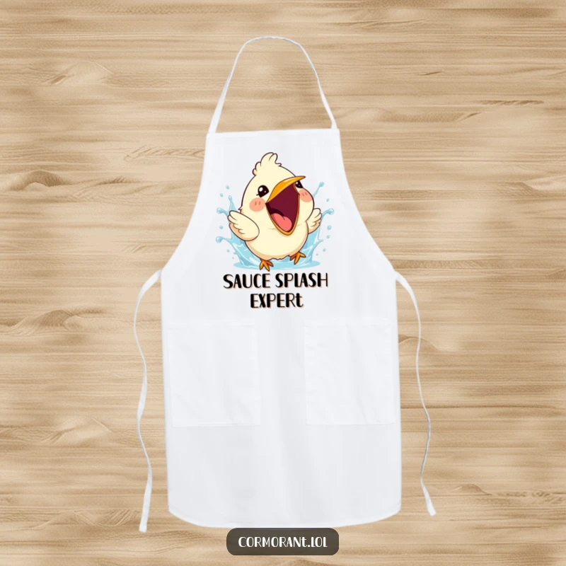 Funny apron displaying a cute bird with its beak wide open, mid-splash, radiating happiness.