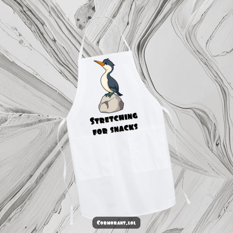 Funny Cormorant Apron: A humorous kitchen apron with a little cormorant bird stretching its neck curiously while perched on a rock.
