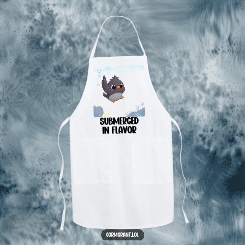 Funny apron displaying a small, dark bird with big, round eyes joyfully diving into the water.