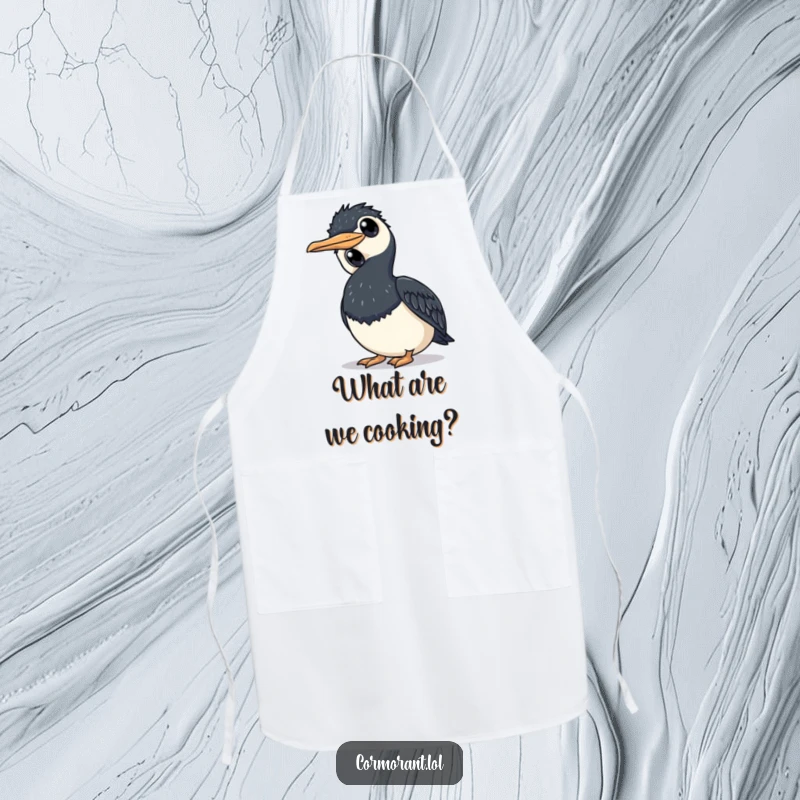 Funny cormorant apron with a bird tilting its head curiously, ideal for kitchen use and mindful cooking.