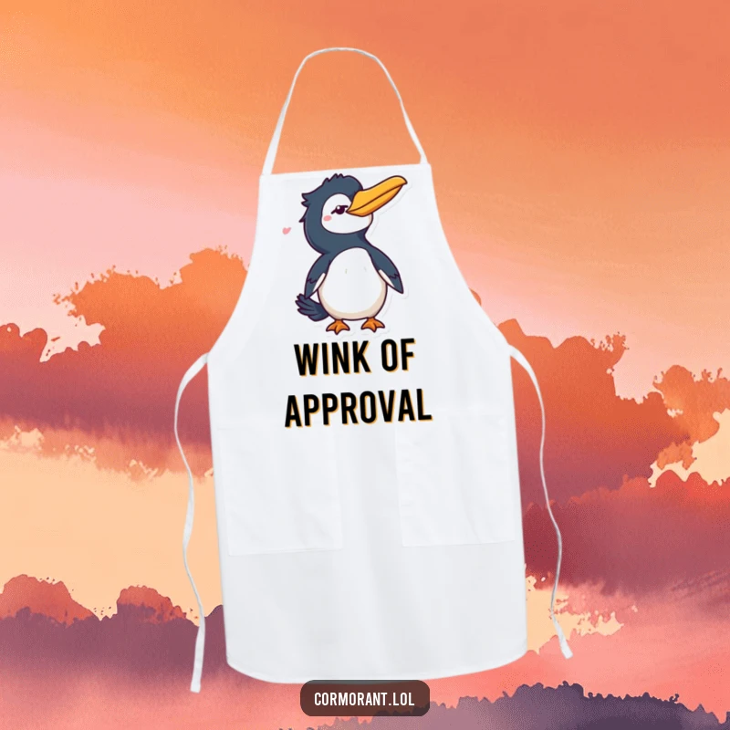 Funny Cormorant Apron: A cheeky bird character winking and flicking its tail, adding playful charm and humor to kitchen tasks.