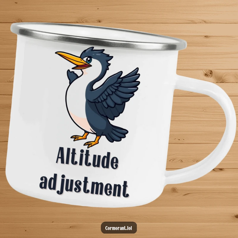 Funny Cormorant flapping its wings vigorously on a sturdy camping mug, ideal for energetic outdoor trips.