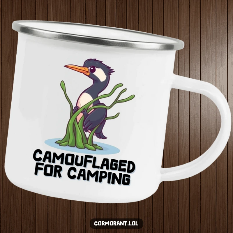 Funny Cormorant Camping Mug: A curious bird peeking from behind floating seaweed, designed for outdoor use and a dose of playful mystery.