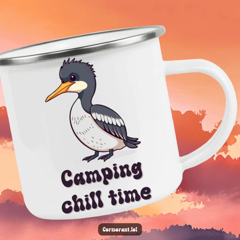 Funny Cormorant drying feathers in the sun on a sturdy camping mug, ideal for relaxed outdoor trips.