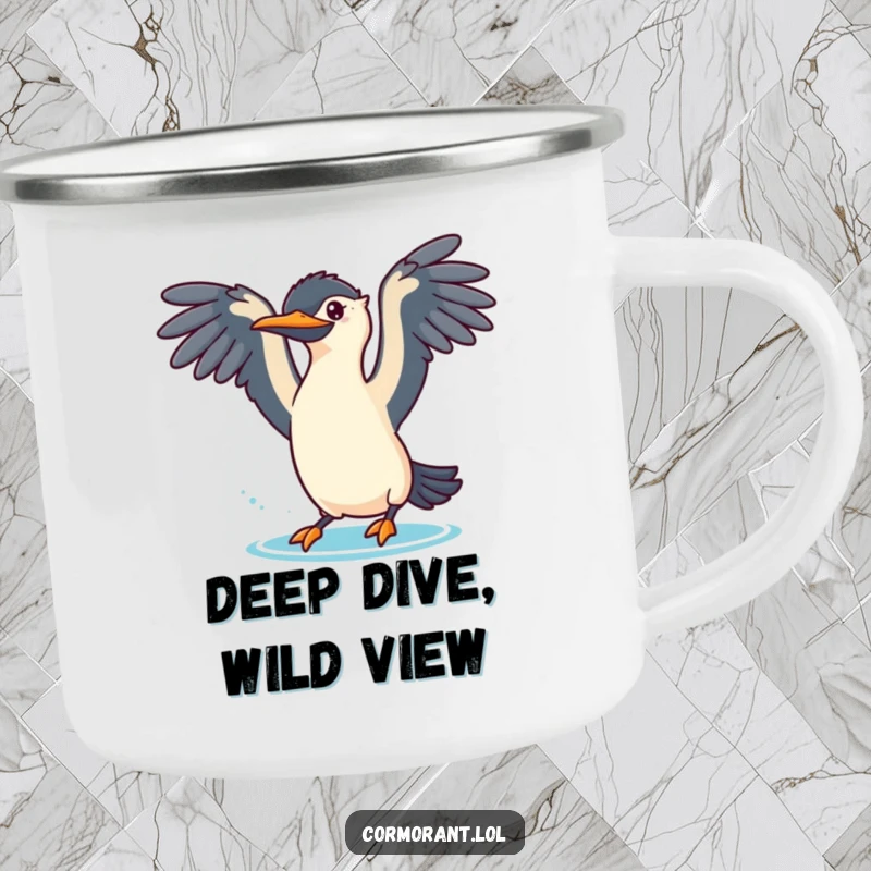 Funny cormorant camping mug showing a bird with wings spread, poised for a playful dive, perfect for outdoor fun.