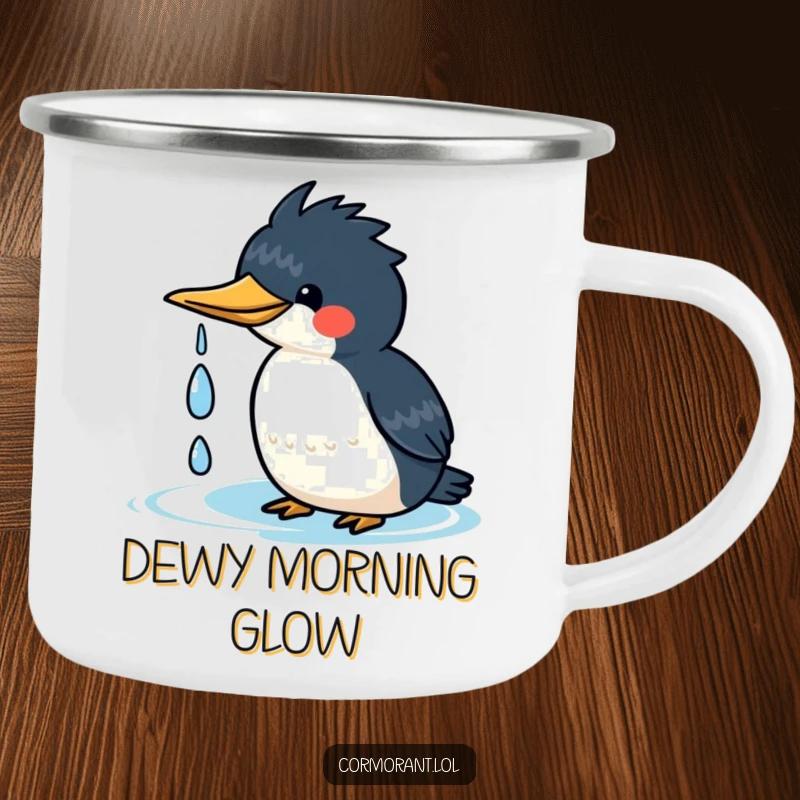 Funny kawaii cormorant camping mug showing a cute bird happily shaking water droplets off its head, perfect for outdoor fun.