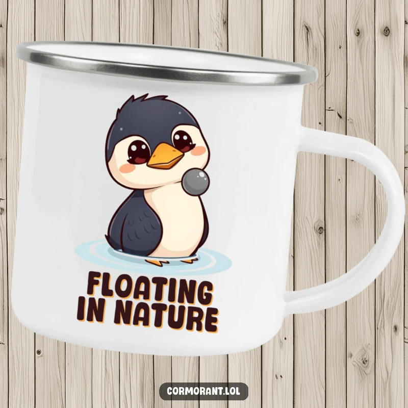 Funny kawaii cormorant camping mug with wide, curious eyes watching a floating object, perfect for outdoor enjoyment.