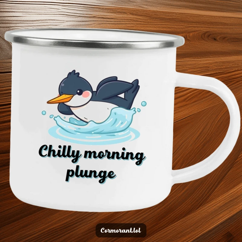 Funny kawaii cormorant camping mug with a cheerful bird diving headfirst into water with a splash, perfect for outdoor use.