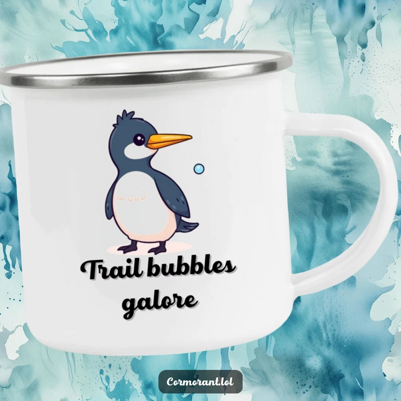 Funny Cormorant Camping Mug featuring a whimsical bird with a small bubble trailing behind it, perfect for outdoor trips.