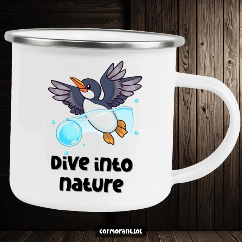 Funny cormorant camping mug showing a cormorant with wings spread wide, playfully diving into a sparkling blue bubble, great for outdoor adventures.