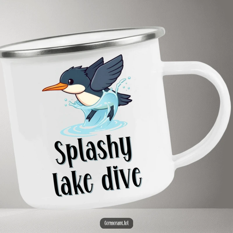 Funny Cormorant Camping Mug: A kawaii cormorant dives gracefully into sparkling blue water with a splashy pose, great for travel.