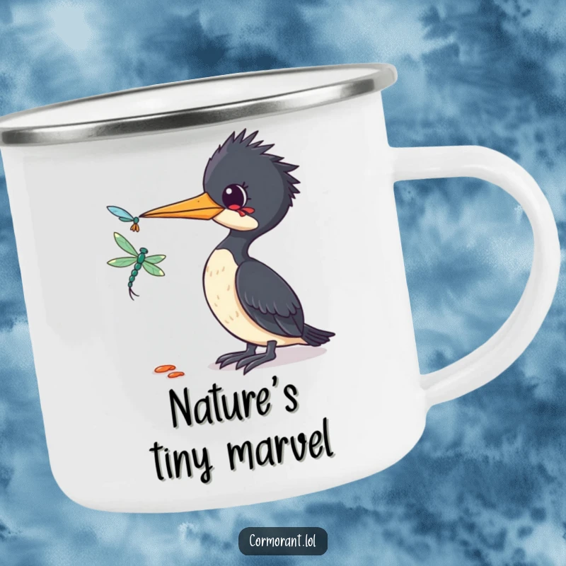 Funny Cormorant Camping Mug: A durable mug with a funny cormorant tilting its head curiously at a dragonfly, great for outdoor humor.