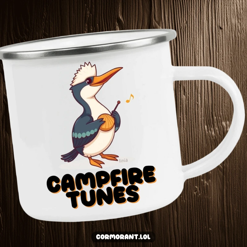 Funny Cormorant Camping Mug featuring a cormorant playing music on a seashell, ideal for musical adventures and outdoor drinks.