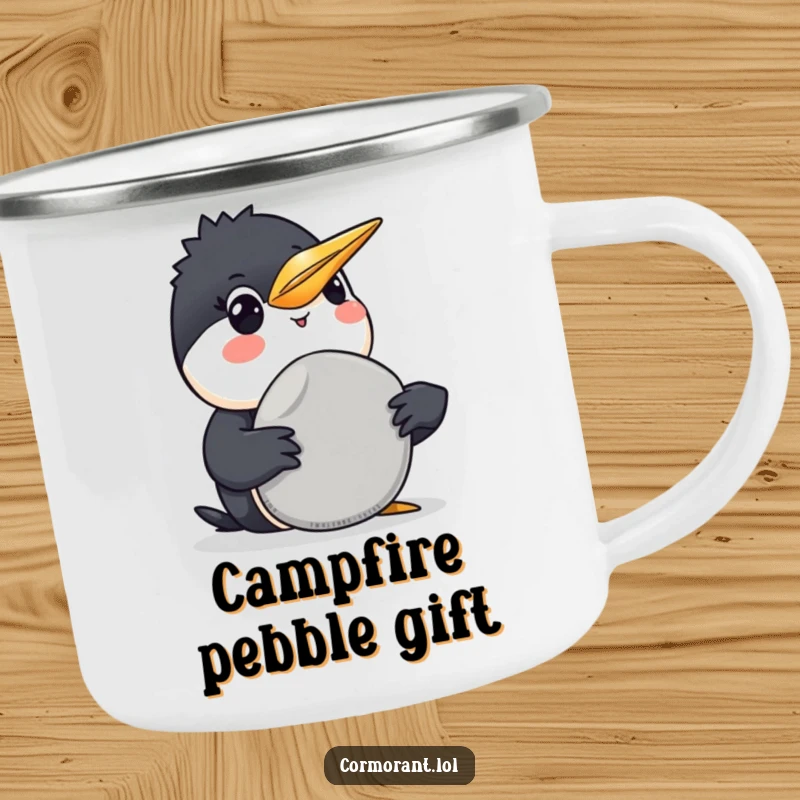 Funny Cormorant Camping Mug: A rugged mug with a funny cormorant smiling and offering a smooth grey pebble, great for outdoor gifts.