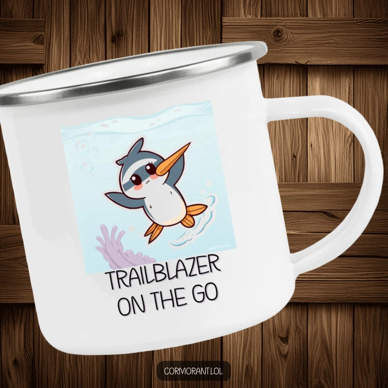 Funny Kawaii Cormorant Camping Mug: A cute bird character energetically zipping through underwater elements, perfect for rugged outdoor use and charm.