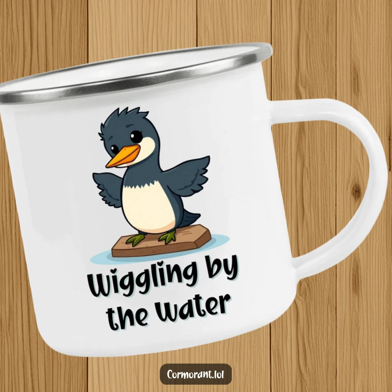 Funny camping mug featuring a kawaii cormorant doing a silly wiggle on a dock, looking pleased, for portable joy.
