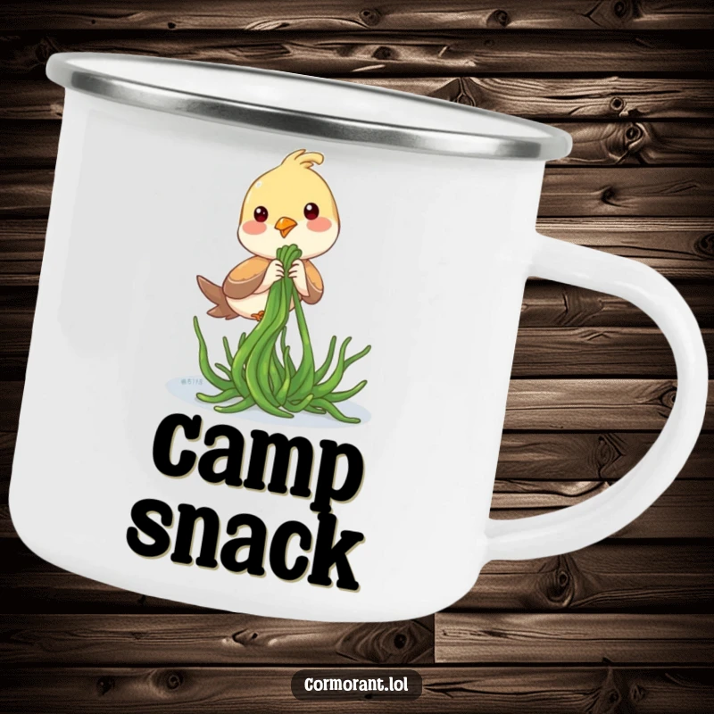 Funny Camping Mug: A bird playfully tugging on seaweed, perfect for outdoor adventures and seaside humor.
