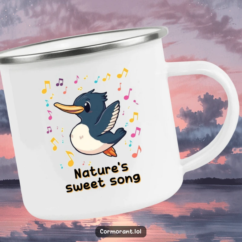 Funny cormorant camping mug showing a cormorant with a playful grin swimming through colorful floating musical notes, perfect for outdoor use.