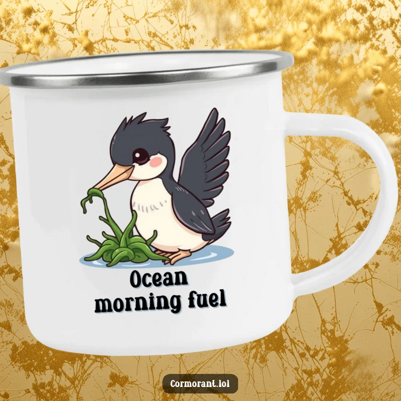 Funny cormorant camping mug, a kawaii bird nudging seaweed, perfect for sipping drinks outdoors with a smile.