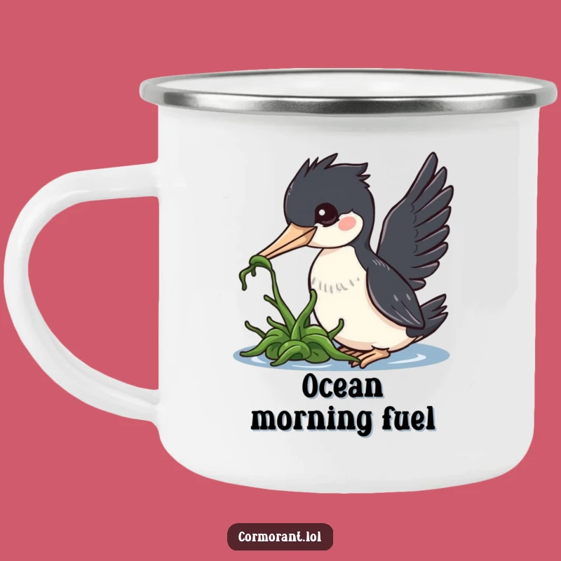 Funny Cormorant Camping Mug: Cute Kawaii Bird Nudging Seaweed, Outdoor Humor Gift
