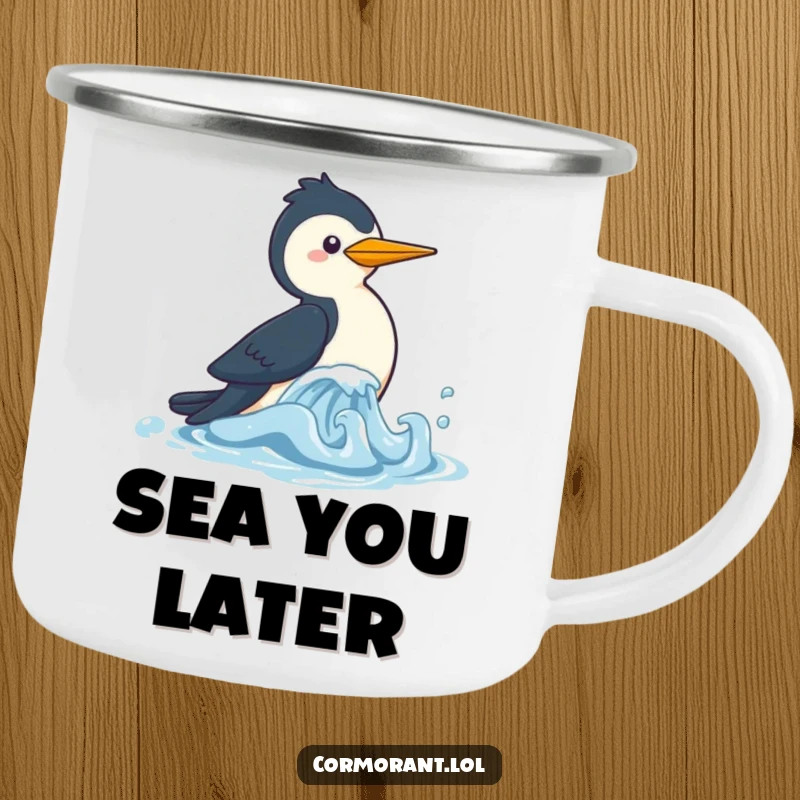 Funny Cormorant Camping Mug featuring a cute kawaii bird playfully chasing a small wave, durable and designed for outdoor fun.