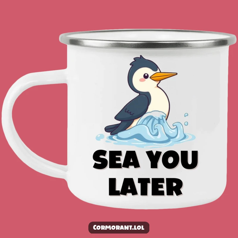 Funny Cormorant Wave Chase Camping Mug: Durable Kawaii Bird Cup, Perfect Humorous Gift!