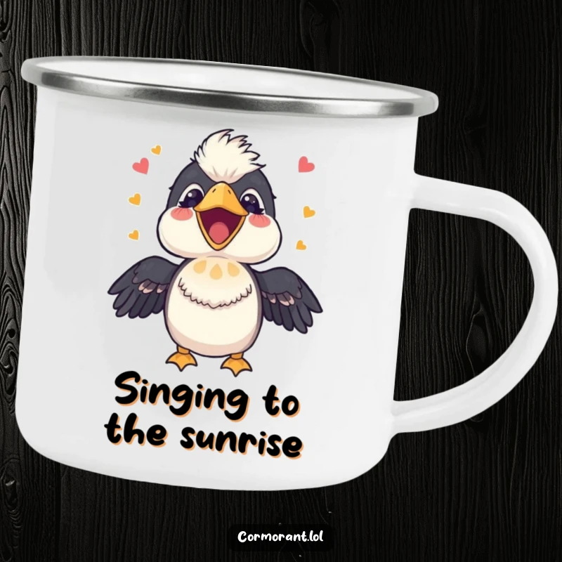 Funny Cormorant Camping Mug: A joyful bird with its beak open, singing a happy tune, designed for outdoor use and cheerful vibes.