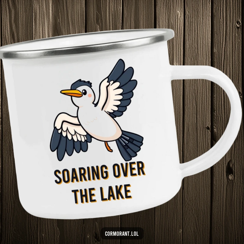 Funny camping mug featuring a kawaii cormorant gliding joyfully on a breeze, wings spread wide, for outdoor enjoyment.
