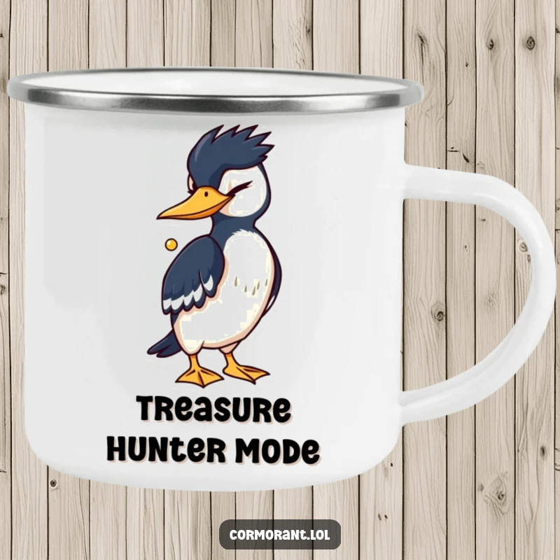 Funny Cormorant Camping Mug: A cormorant winks slyly, holding a shiny treasure, perfect for enjoying drinks outdoors with humor.