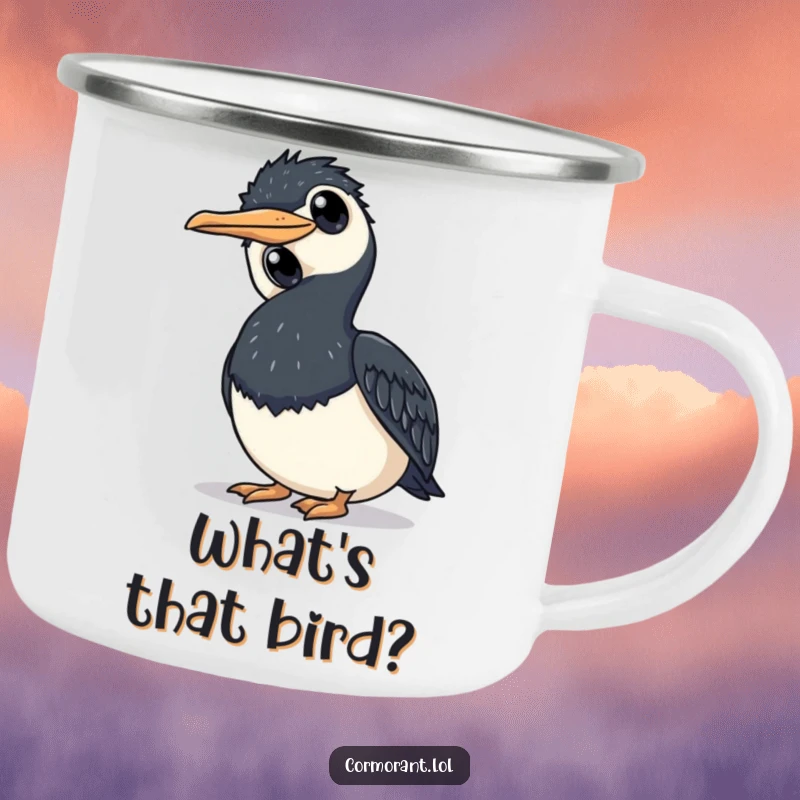 Funny cormorant camping mug with a bird tilting its head curiously, perfect for outdoor contemplation and humor.