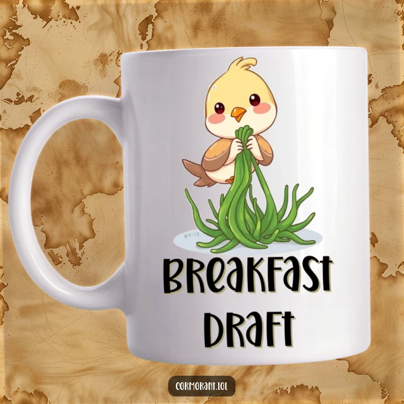 Funny Mug: A bird playfully tugging on a piece of seaweed, caught in a comical seaside struggle.