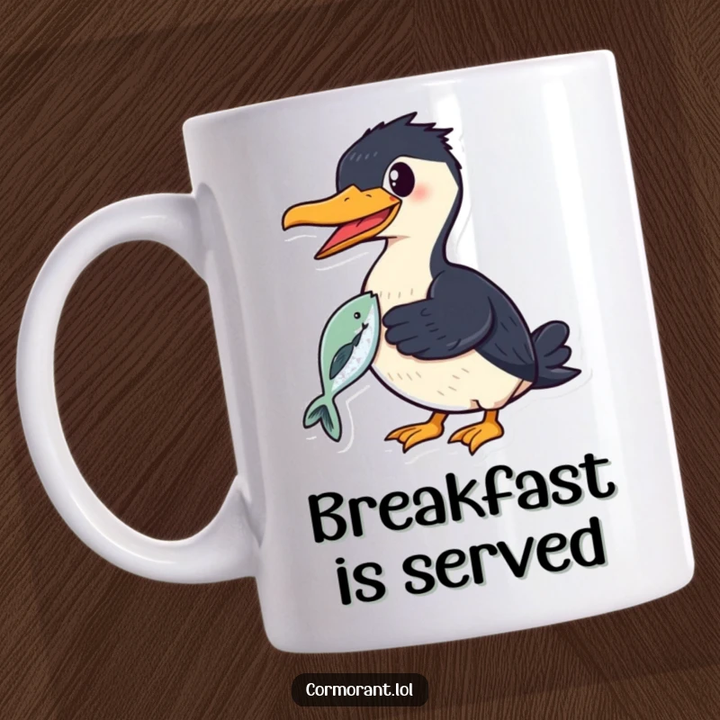 Funny cormorant mug showing a smiling bird proudly holding a shiny fish in its beak, celebrating a successful catch.