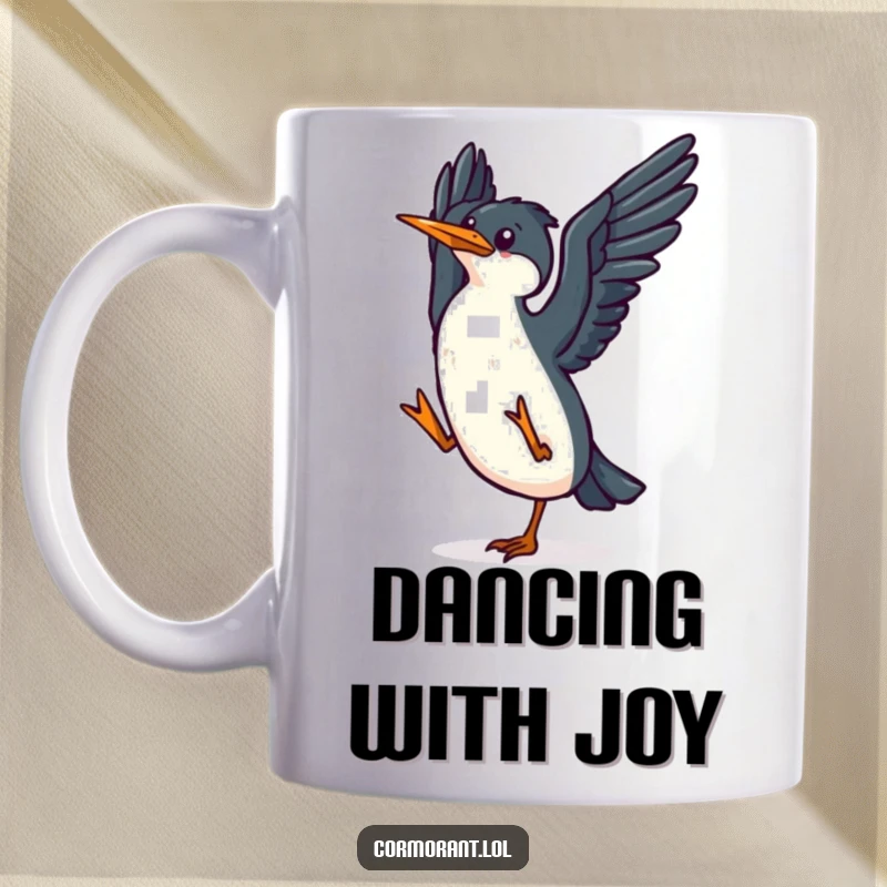 Funny kawaii cormorant mug showing a small, happy bird flapping its wings in a joyful dance, symbolizing happiness.