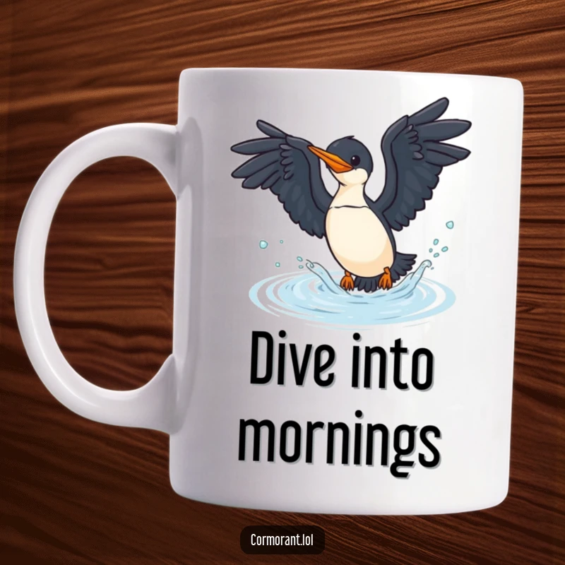 Funny cormorant mug showing a bird with wings spread, diving playfully into blue water, perfect for bird lovers.